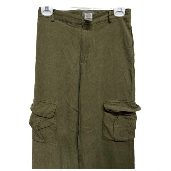 Sans Souci Olive Green Linen Blend Wide Leg Cargo Pants Size Small Utility Style - Picture 2 of 7